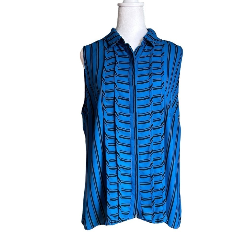 Dana Buchman Black Blue Stripes Collared Sleeveless Button Down Blouse S…
